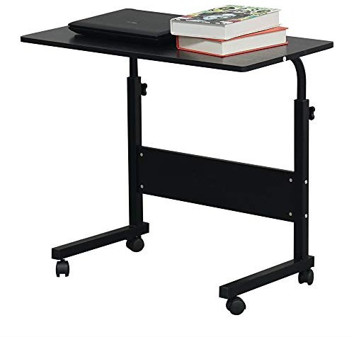 Karl home Small Side Mobile Table Computer Desk, 80×40cm, Black | Rolling Wheels, Height Adjustable, Portable Laptop Cart, C-Shaped Bed Couch End Table with Edge Stopper