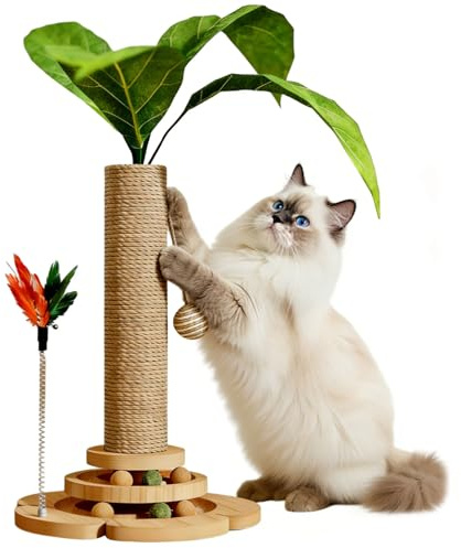 Cat Scratching Post Wooden Scratch Pole, Cats Tree for Indoor Cats with Natural Sisal, Rope Ball, Wooden Cat Tree Multifunctional Interactive Track & Spring Feather Non-Slip Sturdy Cat Scratcher-44cm