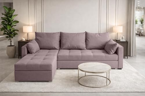 AXLIVING Ecksofa Elif Rosa mit Schlaffunktion L-Form, Sofa mit Bettkasten - Links