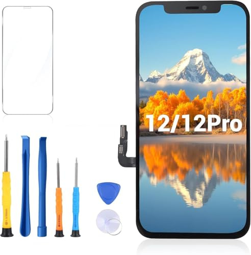 Für iPhone 12 / 12 Pro Display Ersatz Set 6,1 Zoll 3D Touch Bildschirm mit Rahmen Digitizer inkl. Reparatur Werkzeug & Displayschutz(Modelle A2172, A2402, A2404, A2403, A2341, A2406, A2408, A2407)