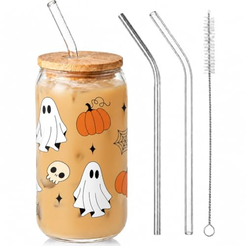 Bukecagif Halloween cup, glass with lid and straw, ghost (AB) | Halloween mug 16oz, thick heat-resistant glass, ghost pumpkin design, with lid, straws, brush