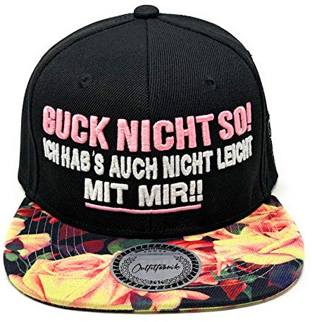 Outfitfabrik ♥ Snapback Cap Guck Nicht so. Ich hab´s auch Nicht leicht mit Mir in schwarz mit Flower-Muster-Schirm und 3D-Stick in rosa und weiß (Statement, Spruch, Blumen), One Size