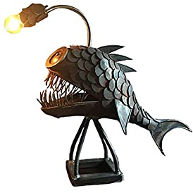 SJDHAHC Steampunk Angler Light - Vintage Iron Handmade LED Night Light, Desktop Ornament for Bedroom, Fish Collecting Decor, Creative Silicone Animal Art