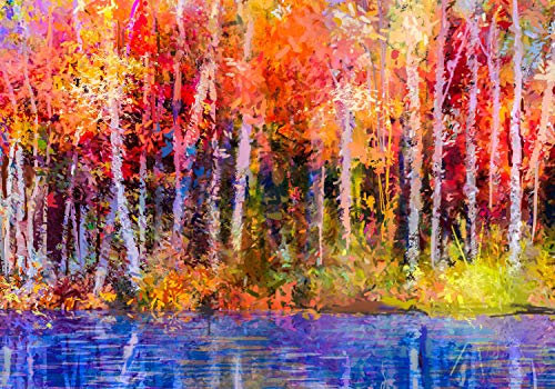 wandmotiv24 Fototapete Gemälde Birkenwald mit See, XL 350 x 245 cm - 7 Teile, Wanddeko, Wandbild, Wandtapete, Abstrakt Bunt M5983