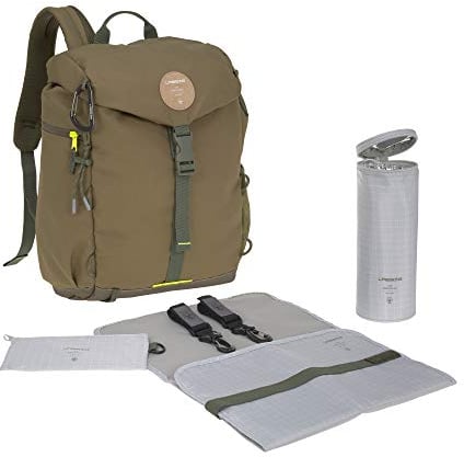 LÄSSIG Baby Wickelrucksack mit Wickelunterlage, Kinderwagenbefestigung, Flaschenwärmer wasserabweisend nachhaltig produziert/Outdoor Backpack, olive
