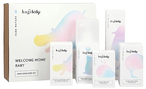 Hagi Baby | Set für Babypflege | Welcome Home Baby | Set mit 5 Produkten für Babypflege | Enthält Körpercreme, Körperöl, Gesichtscreme, Babyseife, Körper-Haargel | Sicher und Erprobt