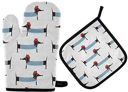 Mnsruu Französischer Dackel-Welpe in gestreiftem Ofenhandschuh und Topflappen, hitzebeständig, Küchenhandschuh zum Kochen, Backen, Grillen, Grillen