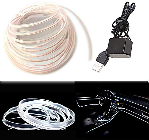 Balabaxer El Wire Weiße Auto-Innenraum LED-Streifenlichter, 3M Neon-Draht USB 5V mit Sicherungsschutz für Auto-Innenraumdekoration mit 6mm Nähkante..