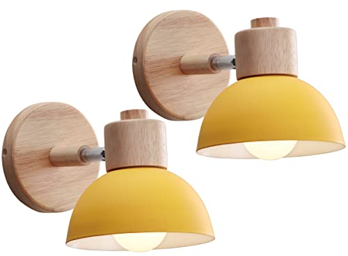iDEGU 2 Stücke Wandleuchten Moderne Innen Wandlampe aus Holz Metall Halbkreis Lampenschirm E27 Verstellbare Wandspot Vintage Lampe für Schlafzimmer Wohnzimmer (2 Lampen, Gelb)