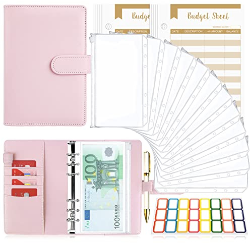 Budget Planner Budget Binder A6, Budgetplaner Geld Organizer mit Weiche Tasche, TAOPE Leder Budget Binder Notizbuch A6 Cash Stuffing, 6 Löcher Budget Planner, Haushaltsbuch mit Geldfächer Rein Rosa