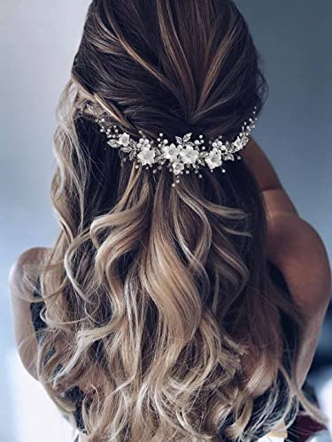 Vakkery Blumen Hochzeits Haarranken Silber Kristall Braut Kopfschmuck Perle Strass Braut Haarschmuck für Frauen und Mädchen (Roségold)