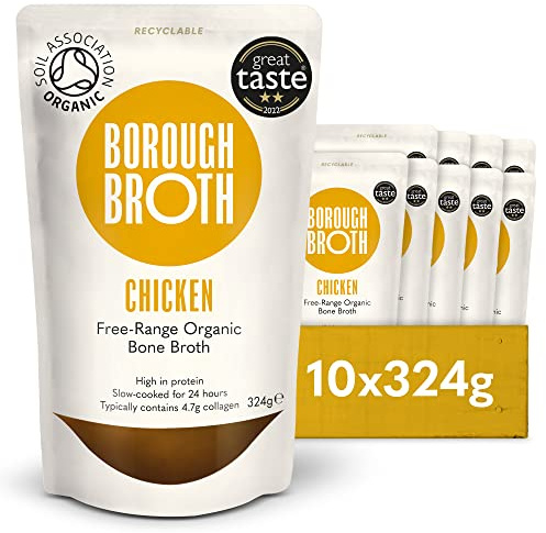 Organic Chicken Bone Broth by Borough Broth - High in Collagen for Healthy Skin & Joints - High Protein, Low Calorie, Gluten Free, Free Range - Perfect for Gravy & Soups - Delivered Chilled, 10 x 324g