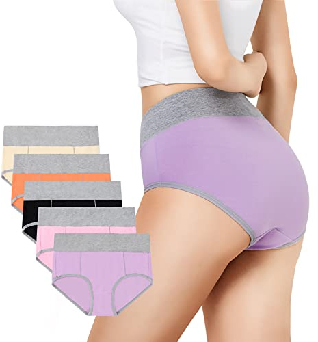 YouShow Unterhosen Damen 5er Pack Baumwolle Unterwäsche Hohe Taille Slips Schwarz&Gelb&Orange&Rosa&Lila,M