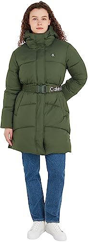 Calvin Klein Jeans Damen Mantel Logo Belt Long Puffer Winter, Grün (Thyme), L