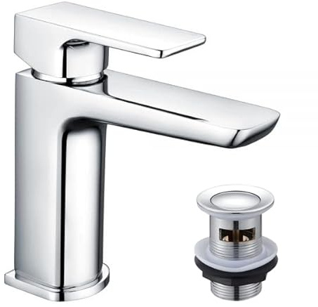 KEDWILL® Single Lever Mono Basin Mixer Tap with Click Clack Sprung Waste Bathroom Sink Hot and Cold Faucet Solid Brass Modern Chrome Easy to Fit/Install