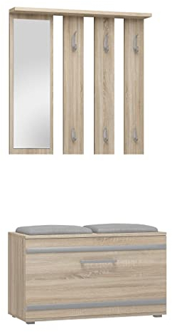 CDF Garderobe Opal | Farbe: Eiche Sonoma | Großer Spiegel | Kleiderbügel | Geräumiger Schuhschrank | Ideal für Diele, Flur | Praktische Ablagen | Modernes Design