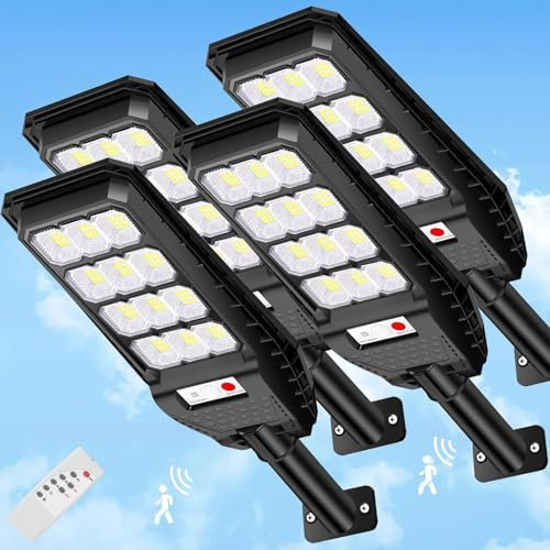 081 Store - 4 PEZZI lampione solare con 144 LED esterno 200W, con palo e telecomando, sensore di movimento e crepuscolare luce biano freddo 6500k