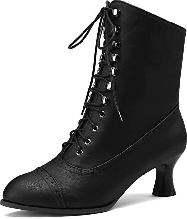 HavueGatue Viktorianische Stiefel Damen Stiefeletten Zum Schnüren Mit Absatz Spitz Stiefeletten Reißverschluss Schwarz Größenangabe 37