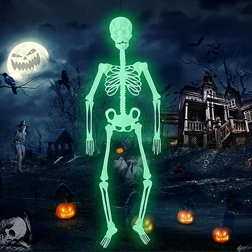 Leonshco Decoración de Halloween Adorno de esqueleto fluorescente de terror, Esqueleto de fiesta Decoración de terror luminosa, Esqueleto de Halloween Tamaño real Articulaciones móviles de 360 ° (A)