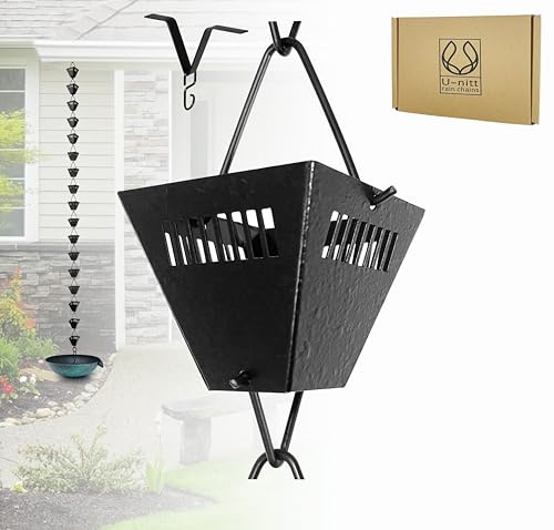 U-nitt Catene da pioggia per grondaie, raccogli acqua piovana e deviatore, catena antipioggia in metallo da 2,6 m, superficie ruvida quadrata verniciata a polvere nera, grondaia, grondaia, kit di