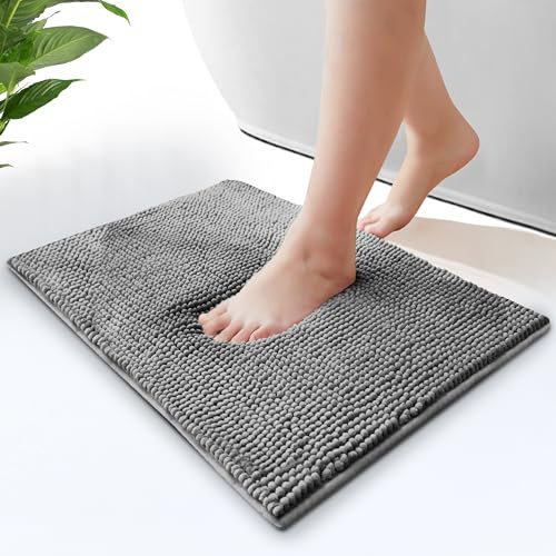 Moonlight Bedding Grey Bath Mat Non Slip Anti Mould - Chenille Shower Mat 50 x 80 cm Super Absorbent Bathroom Mat Machine Washable Extra Soft Fluffy Bathmat