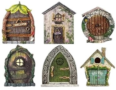 BRAVECOW 6pcs/Set Fairy Door Fairy House Ornament Outdoor Garden Statues Wood Kit for Home Garden Tree Indoor Decor Lawn Yard Art Accessories