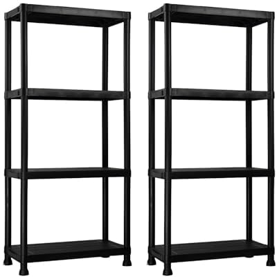 THINIA HOME - Pack 2 Estanterías Almacenaje, Polipropileno PP, Multiusos, Hogar, Trastero, Domitorio y Cocina, 4 Baldas, Carga Máxima 100Kg, 61x31x131cm (Largo x Ancho x Alto), Negro
