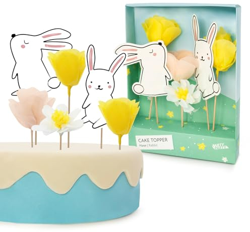 PARTY PARTY Hase Tortendeko Cake Topper Set 6 Teile, Blumen Kuchen Deko, Osterhase, Oster Deko, Kindergeburtstag Junge Mädchen, Geburtstag