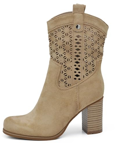IF Fashion Stivali Stivaletti Tronchetti da Donna Traforato Camoscio Sintetico Con Tacco XG115 beige N.37