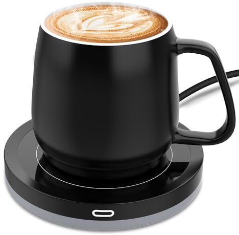 Smart Beverage Warmer Set:Beverage Warmer Auto On/Off Gravity-Induction For Office Home Desk,Candle Wax Warmer Heating Plate(131℉/55℃),14oz(Black Set)