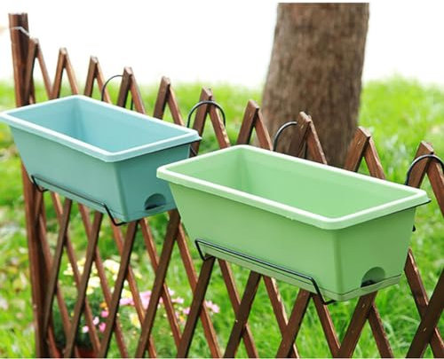 Paquete de 2 macetas de ventana con cesta colgante de hierro, macetas de plástico para flores vegetales con bandeja, macetas rectangulares para interiores y exteriores para alféizar de ventana