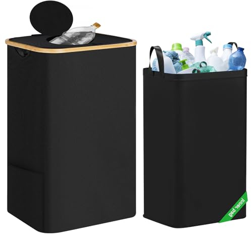 Poubelle Recyclage, 100L Poubelle de Recyclage avec Couvercle et Trou, Collecteur de Bouteilles Consignées avec Sacs de Transport, Tri Sélectif pour Plastique et Verre