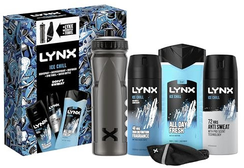 LYNX Ice Chill Gift set for him Gym Collection with Body spray, Anti-perspirant, Body wash, Gym towel, and Water bottle, 5 piece