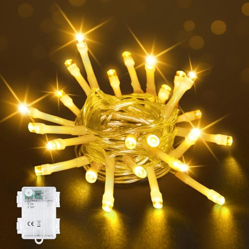 Bowfar Lichterkette Außen Batterie, 2M 20LED Warmweiß Lichterkette mit 6h Timer, IP65 Wasserdicht Lichterkette Batterie für Innen Zimmer Party Weihnachten Outdoor Camping (Durchsichtigen Kabel)