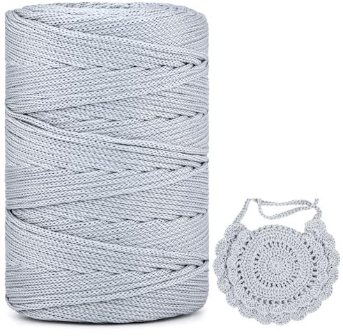 Polyester Makramee Garn 3mm X 225m,Makramee Band,Makramee Kordel 100% Polypropylene Yarn Makramee Schnur Kordel Garn Zum HäKeln FüR Makramee Blumenampel Deko KnüPfen Taschen Diy (Silber, 1 Pcs)