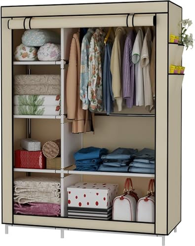 cecaro group Armadio Portatile in Tessuto, Cabina Guardaroba con 2 Ripiani e 3 Cassetti, Beige, per Soggiorno, Camera da Letto, Sala da Pranzo, Cucina, Bagno