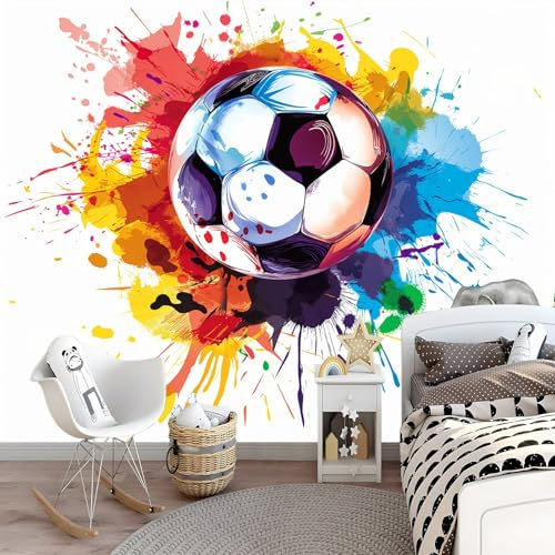 Wallpaper Papier Peint Panoramique Ballon de foot coloré Peints Intissé Tapisserie Blanc Murales Poster 200 x 140 cm