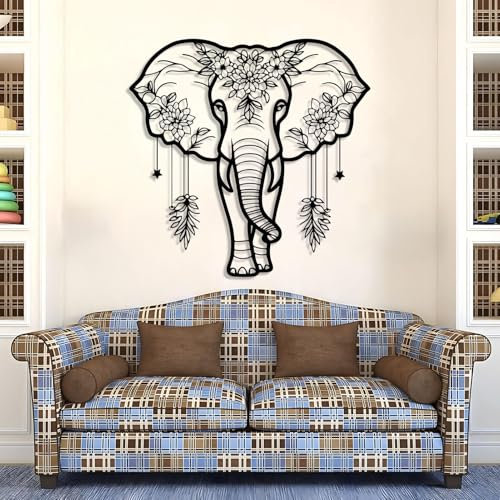 LLSZAHD Metall Elefant Wanddeko Wohnzimmer, Boho Wandbilder Outdoor, Schwarz 3d Tier Metall Wandkunst, Modern Minimalistisch Abstrakte Linie Wanddekoration, 39.5x40cm