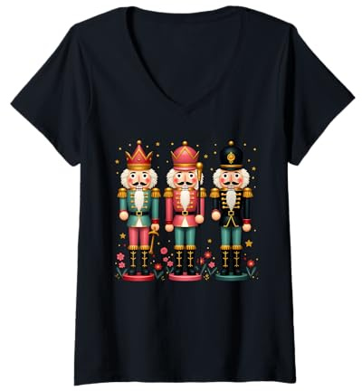 Womens Nutcracker Squad Xmas Flower Christmas Pajamas Women Kids V-Neck T-Shirt