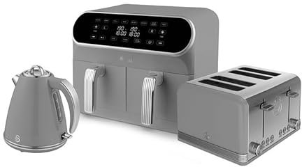 Swan Retro Kitchen Set, 1.5L Jug Kettle, 4 Slice Toaster & 8L Dual Basket Air Fryer, Grey, SD10519G + SK19020GRN + ST19020GRN