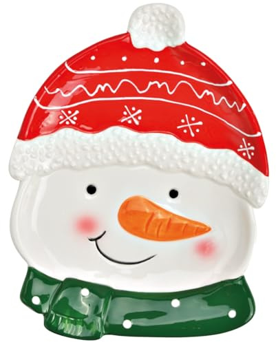 Bunter Schneemann-Teller aus Keramik für Kekse & Snacks - Süßer Weihnachtsservierteller 17 x 21 cm als Tisch- und Weihnachtsdeko - Lustiger Dekoteller mit 3D Weihnachtsmotiv als Weihnachtsgeschirr