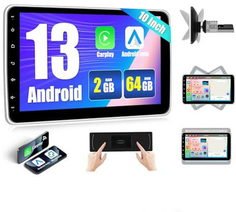 SIXWIN 2GB+64GB Android 13 Autoradio 1 Din con Carplay/Android Auto, 10 Pollici HD Schermo Rotabile e Staccabile 360° GPS WiFi RDS FM/RDS Bluetooth Mirror Link Comandi al Volante