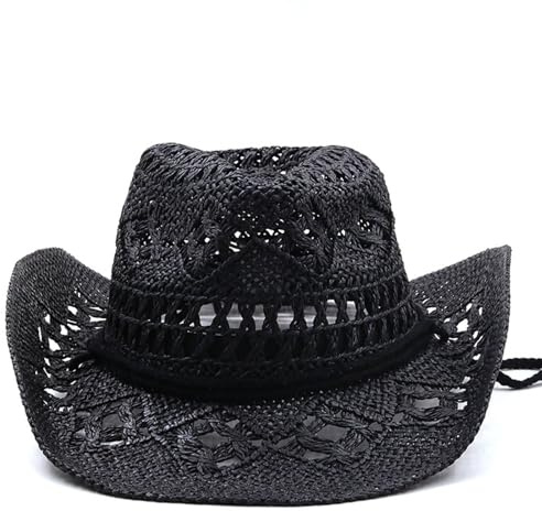 Generisch Chapeau de cowboy western pour femme - Chapeau de paille malléable - Chapeau de soleil creux - Chapeau de soleil en maille