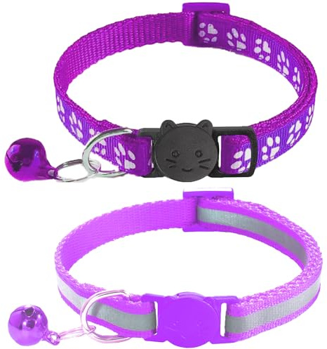 Katzenhalsbänder mit Glöckchen, reflektierendes Design und Krallendruck-Design, Sicherheitsschnalle, verstellbar von 19,1 bis 32,5 cm, Violett, 2 Stück