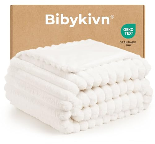 Bibykivn Kuscheldecke 160x200 cm, Kaninchen Plüsch Decke, Super Soft Wohndecke, Flausige Couchdecke Warme Überwurfdecke Sofadecke für Sofa Schlafzimmer Büro (Cremeweiß-Streifen, W160 x L200CM)