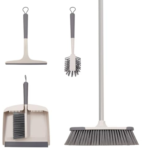 Anika 66599 - Set di 4 pezzi per la pulizia della casa, include spazzola per piatti con raschietto, scopa per interni, paletta e spazzola, tergivetro/setole in nylon resistenti, manici antiscivolo