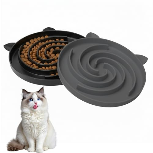 2PCS Slow Feeder Cat Bowl, Silicone Slow Eating Bowls for Cats Kittens, Anti-Slip Feeding Bowls Ideal for Dry Kibble Wet Food Treats in Pet Households(Black and Grey)