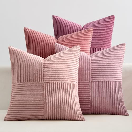 EMEMA Kissenbezug Kordsamt Patchwork Kissenhülle 40x40 Rosa Serie | 4er Set Zierkissenbezug Dekokissen Sofakissen Kord Dekorative Kissen für Sofa Sessel Zuhause Schlafzimmer
