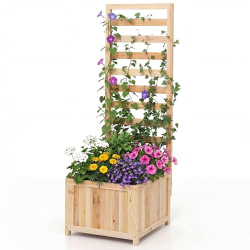 HOMASIS Jardinière avec Treillis, Jardinière Surélevée en Bois de Sapin/Metal, Treillis de Jardin pour Balcon, Jardin, Terrasse (Naturel, 42,5 x 40,5 x 123 cm)