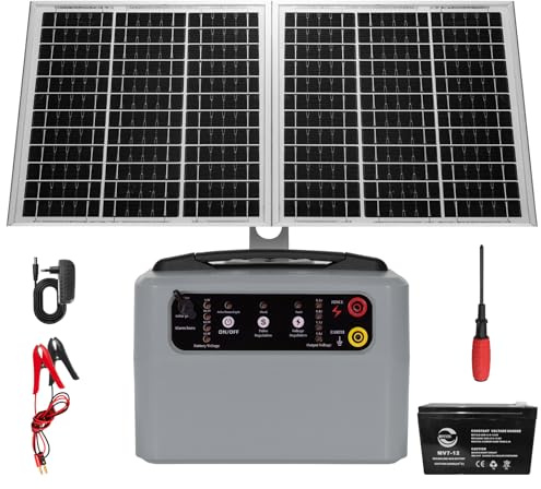 48 KM Weidezaungerät Solar, 0,3 J–1,5 J, 6 KV–12 KV Einstellbares Elektrozaungerät mit 15W-Solarpanel, mit Integrierter 12V 7Ah Blei-Säure-Batterie, Geeignet Geflügel, Vieh, Bauernhöfe(Grau)